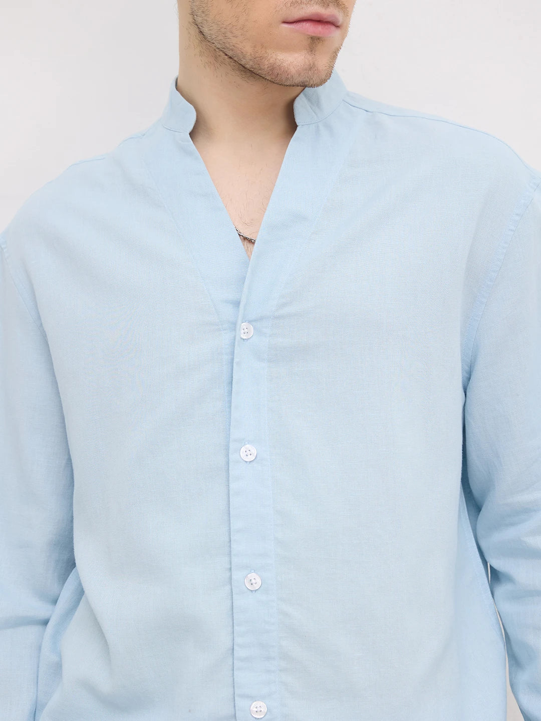 Rich Moring Blues Linen Blend Stand Collar Oversized Shirt