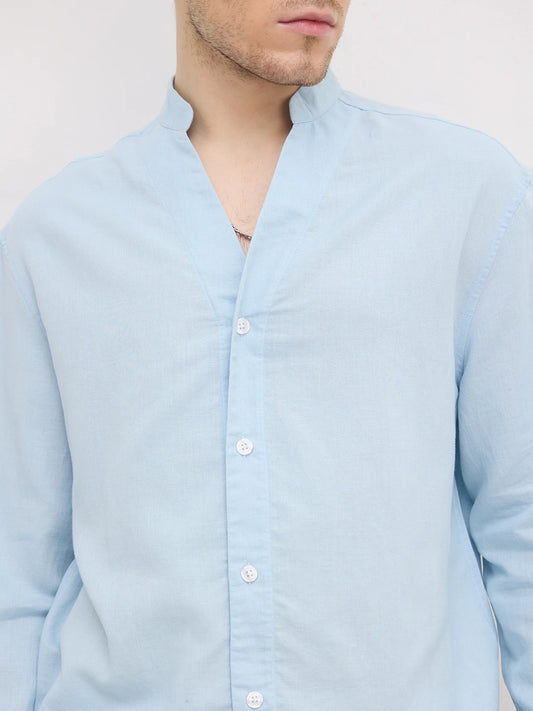 Rich Moring Blues Linen Blend Stand Collar Oversized Shirt