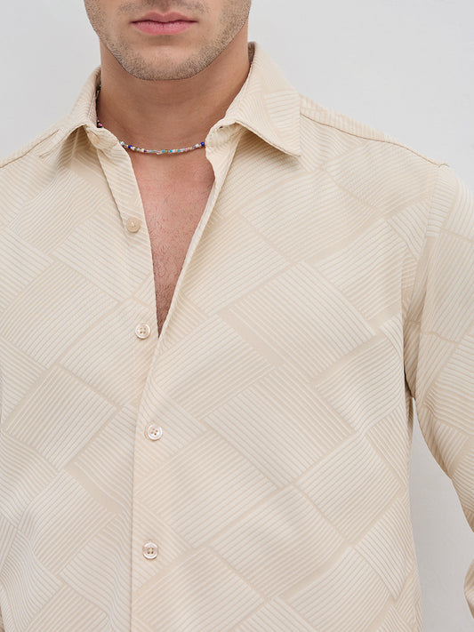 Intricate Beige Block Weave Knitted Shirt
