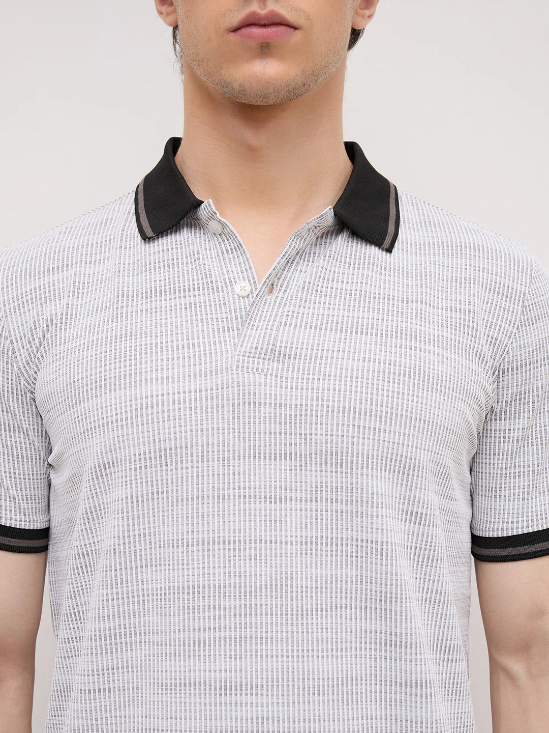 White Stripe Textured Contrast Polo Knit T-Shirt