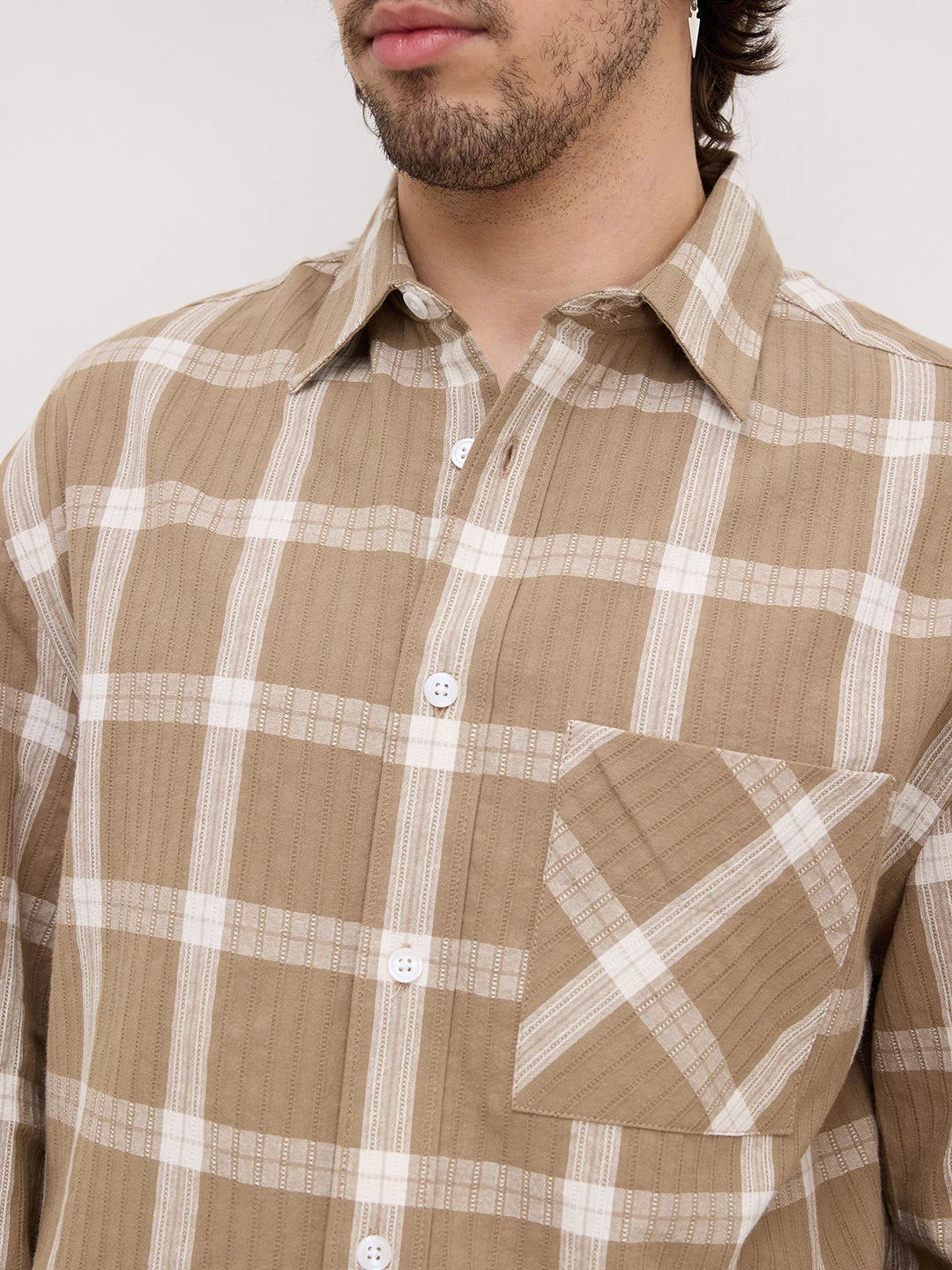 Taupe Ladder Striped Windowpane Checks Cuffless Oversized Crop Shirt