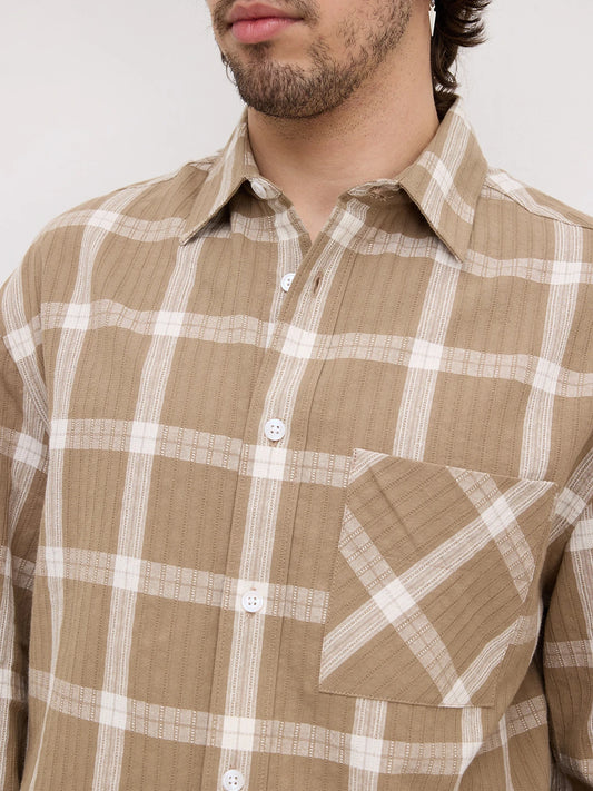 Taupe Ladder Striped Windowpane Checks Cuffless Oversized Crop Shirt
