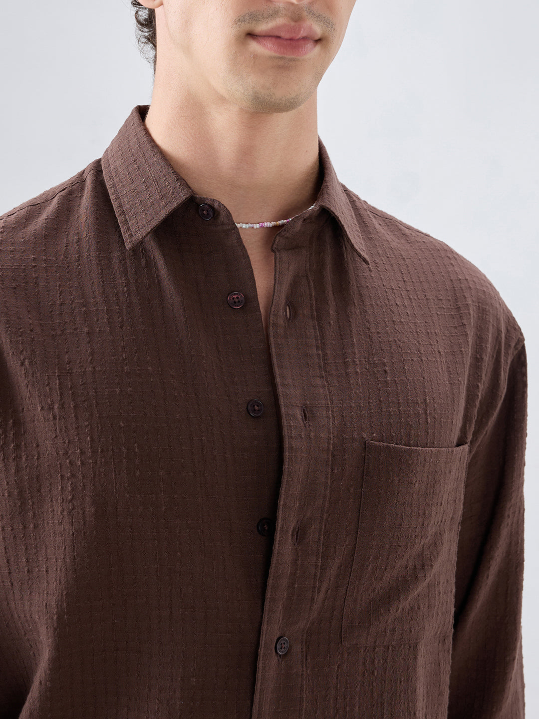 Chocolate Brown Micro Box Textured Boxy Fit Crop Shirt