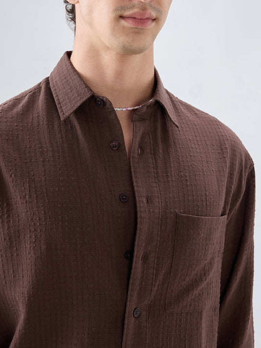 Chocolate Brown Micro Box Textured Boxy Fit Crop Shirt