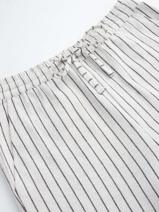 Artistic Ivory & Black Burlap Striped Straight Fit Trousers