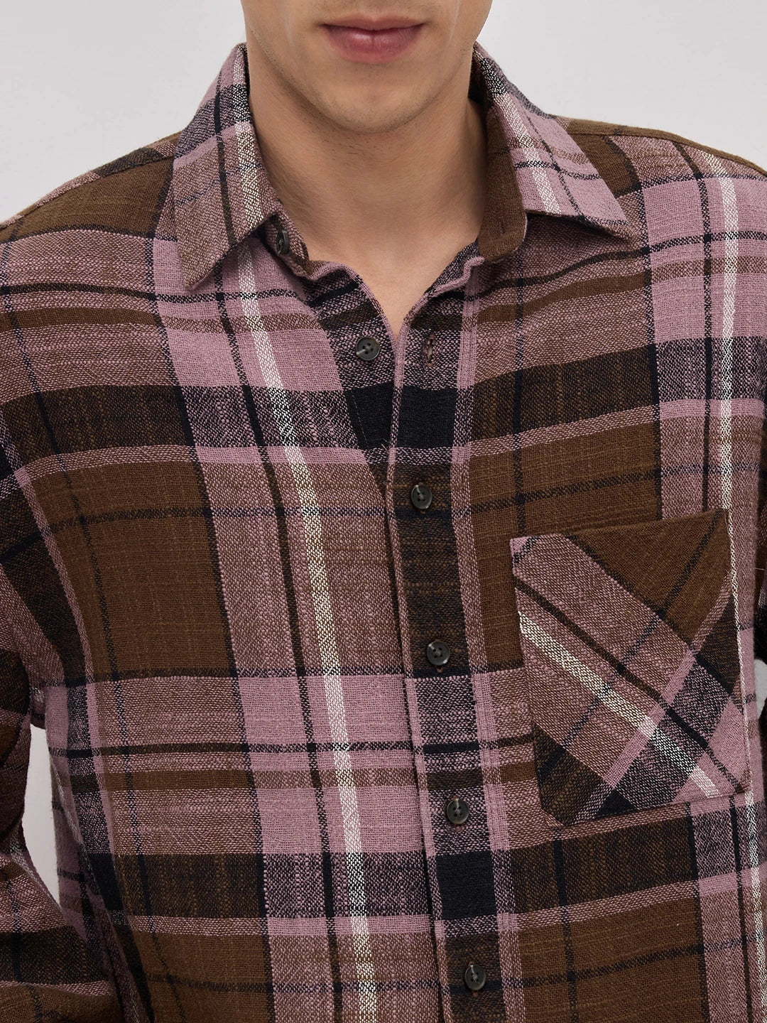 Luxe  Brown & Black Interlock Checks Cuffless Oversized Crop Shirt