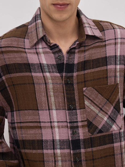 Luxe  Brown & Black Interlock Checks Cuffless Oversized Crop Shirt
