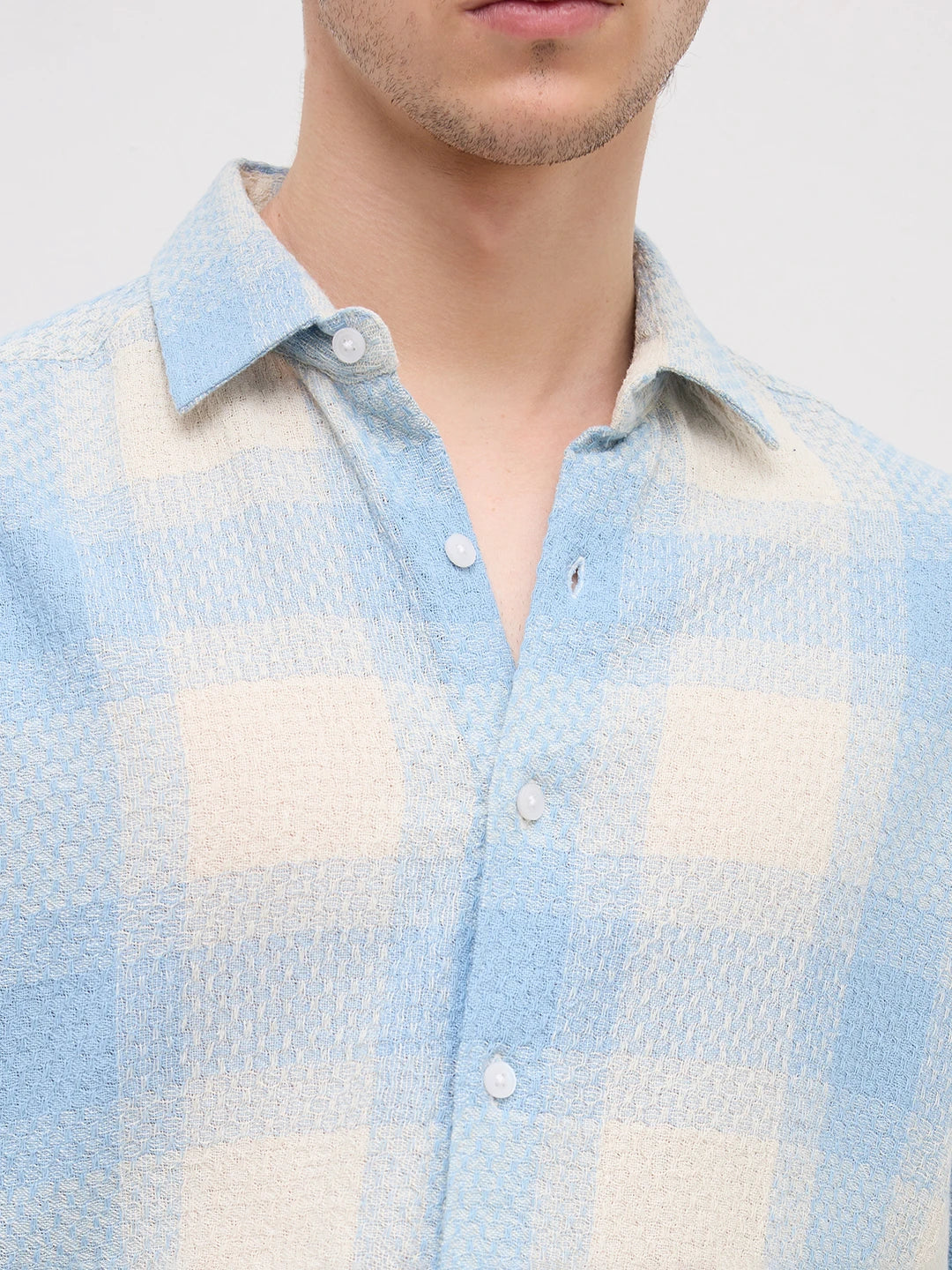 Blue Interlock Weave Plaid Checks Shirt