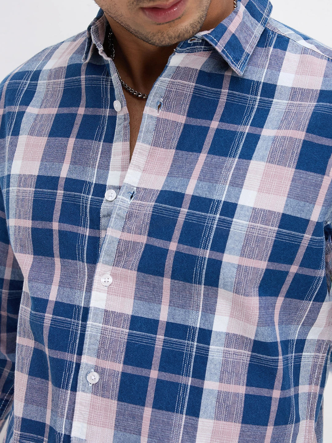 Denim Blue & Peach Multi Line Block Checks Shirt