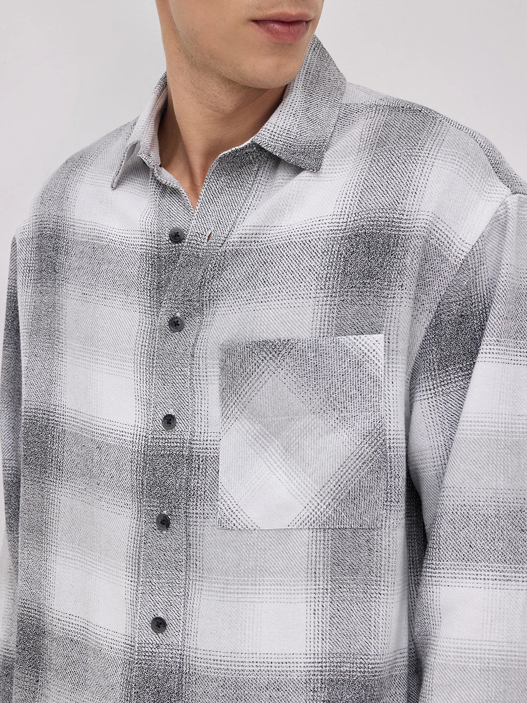 Grey & Black Crosshatch Plaid Checks Boxy Fit Crop Shirt