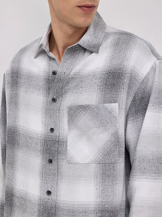 Grey & Black Crosshatch Plaid Checks Boxy Fit Crop Shirt