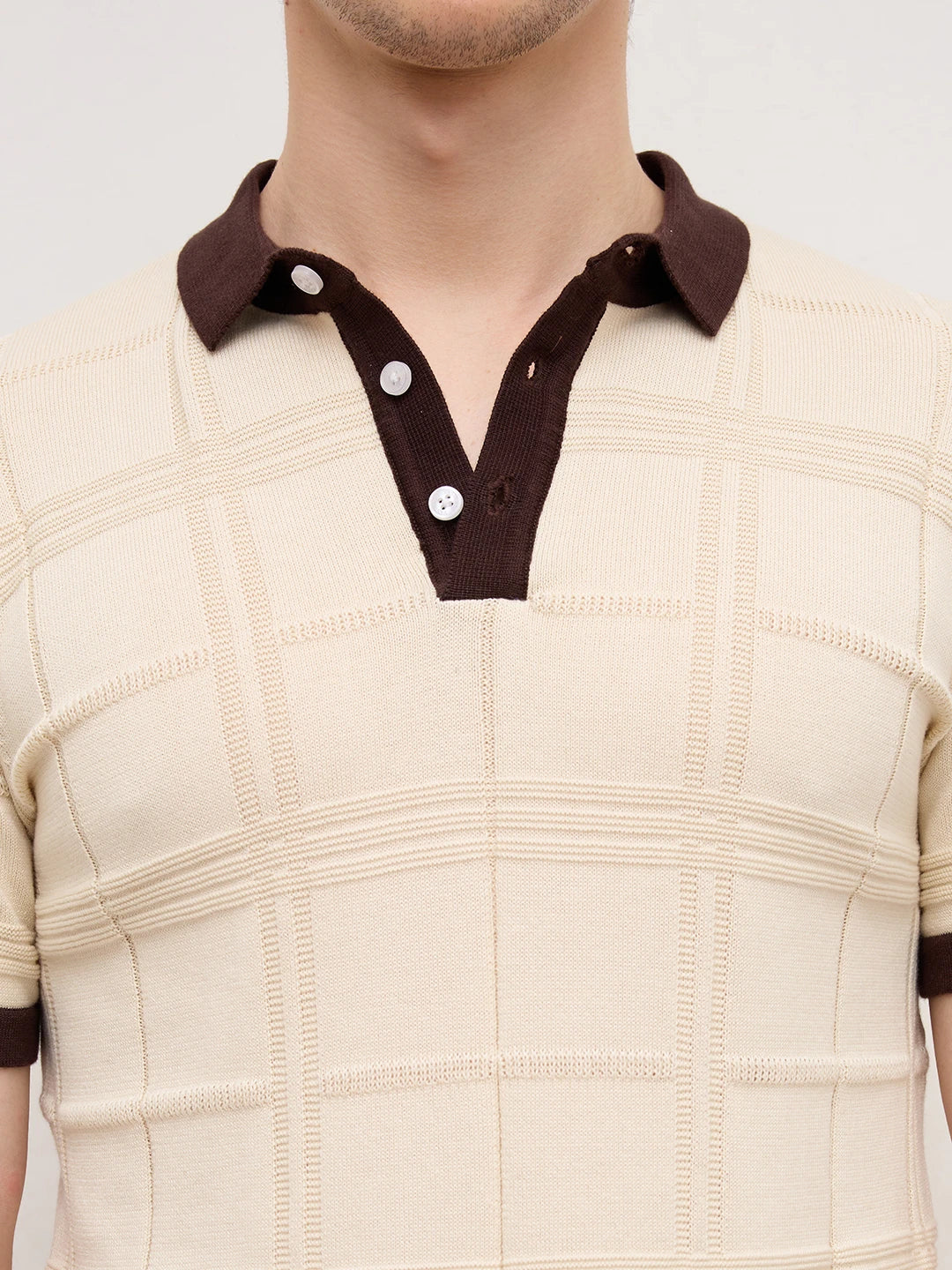 Ivory Windowpane Textured Contrast Polo Flat Knit T-Shirt