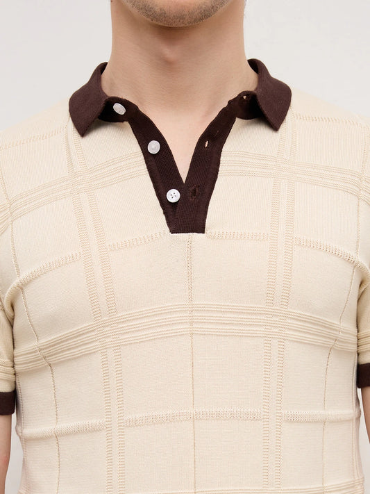 Beige Windowpane Textured Contrast Polo Flat Knit T-Shirt