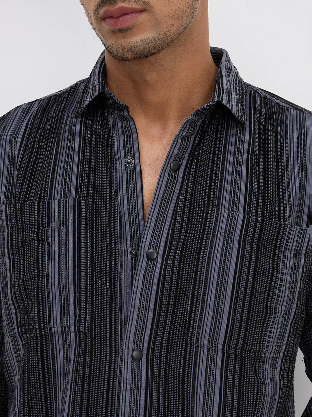 Graphite Striped Double Pocket Corduroy Shirt