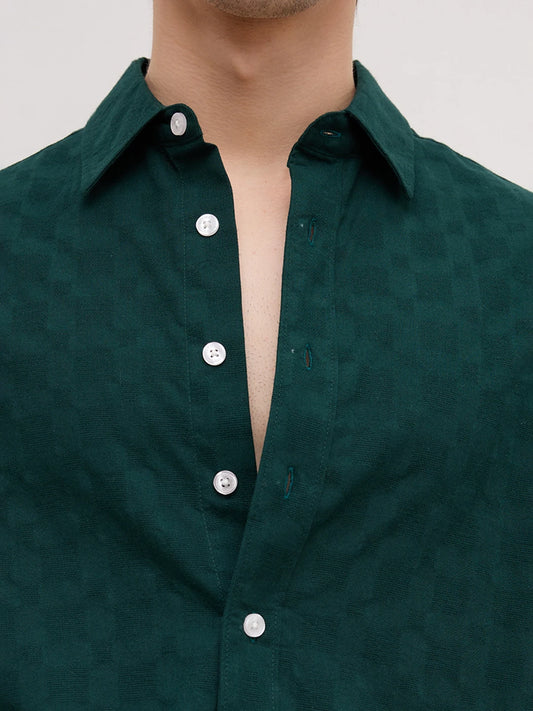 Emerald Green Square Weave Boxy Fit Crop Shirt