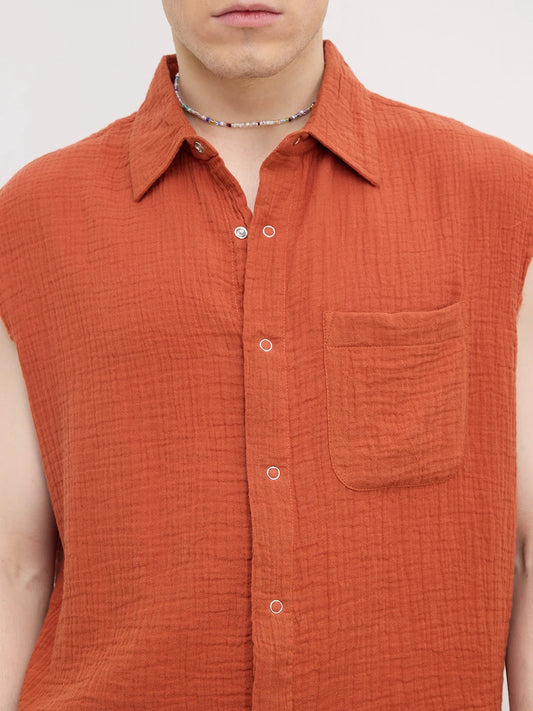 Trendy Fiery Rust Sleeveless Cropped Shirt