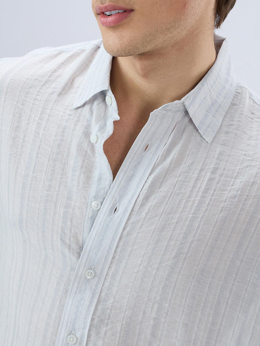 Elegant Cloud Grey Airstripe Crinkled Boxy Fit Crop Shirt