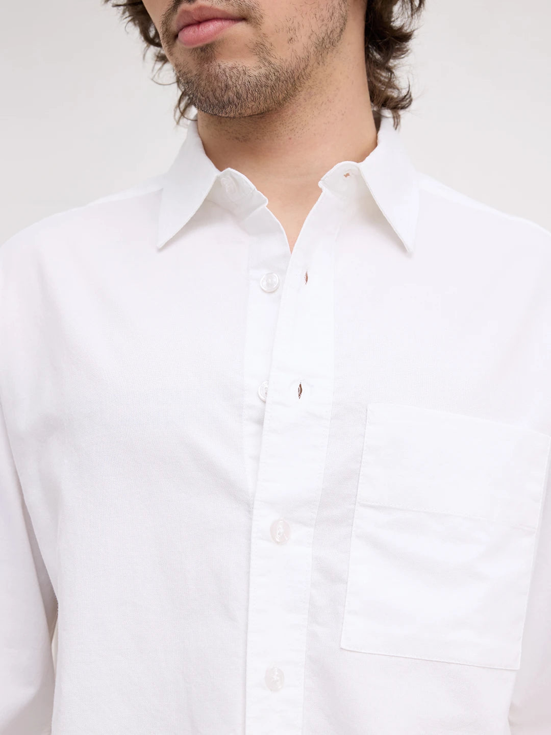 Solid Pearl White Oxford Distressed Hem Boxy Fit Crop Shirt