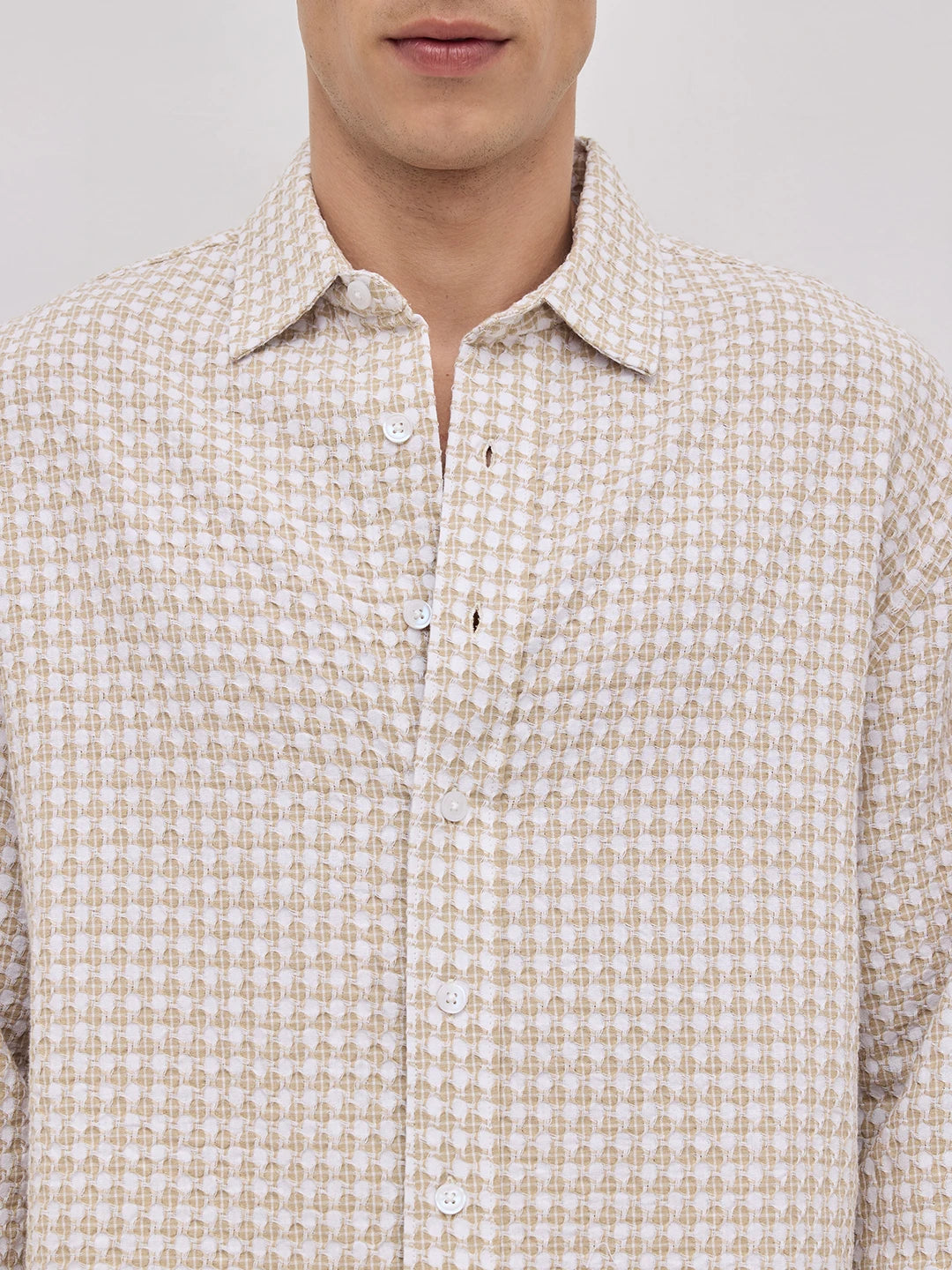 Beige Mosaic Textured Boxy Fit Crop Shirt