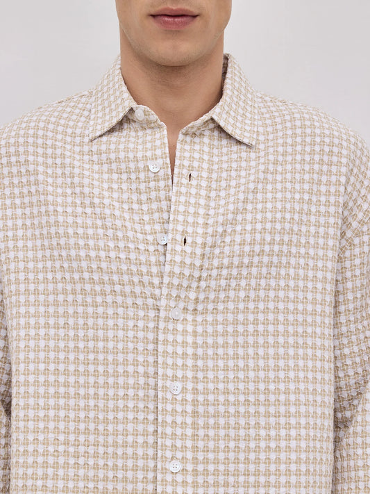 Beige Mosaic Textured Boxy Fit Crop Shirt