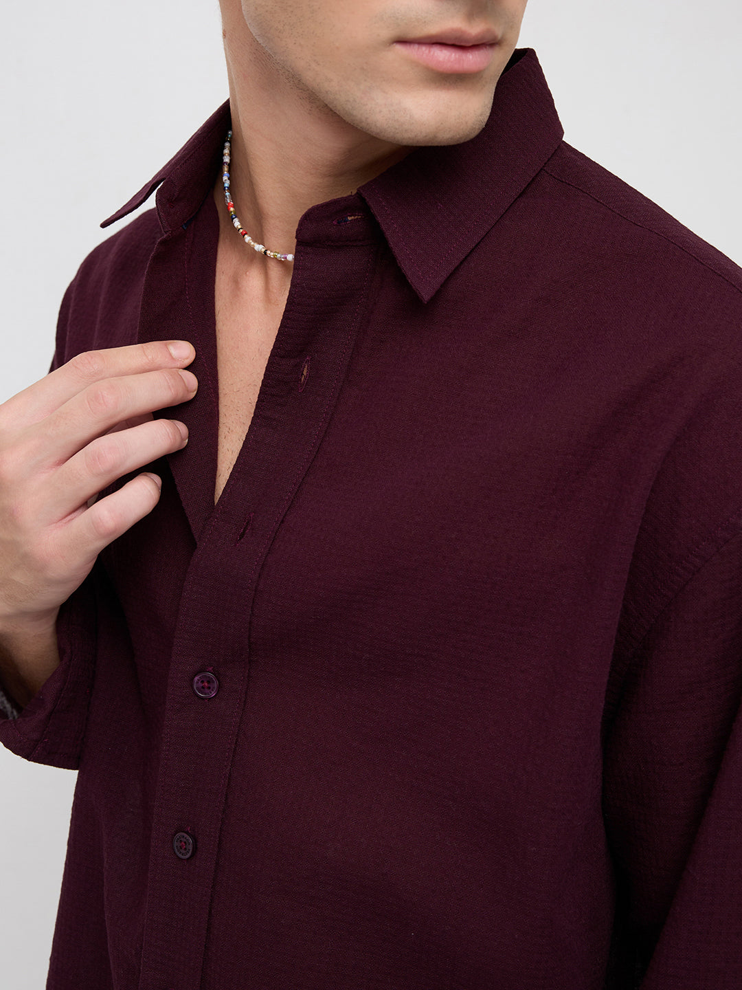 Wine Micro Jacquard Weave Boxy Fit Crop Shirt