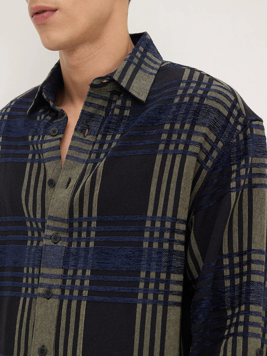 Olive & Navy Raised Plaid Checks Cuffless Oversized Crop Shirt