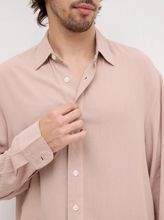 Warm Beige Crepe Textured Boxy Fit Shirt
