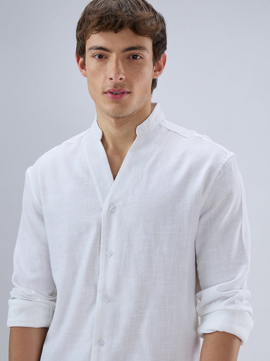 Soft Snow White Diagonal Textured Stand Collar Oversized Shirt