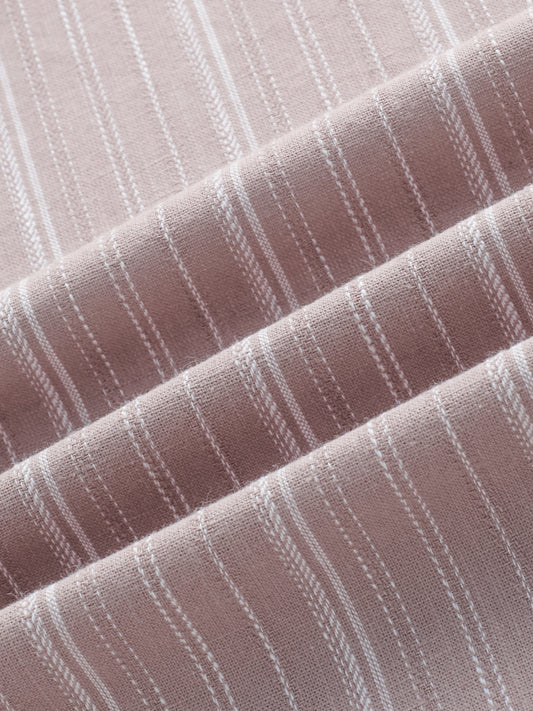 Deep Pastel Peach Striped Linen Blend Stand Collar Oversized Shirt