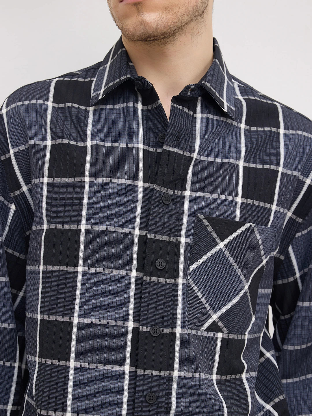 Refined Monochrome Plaid Textured Cuffless Oversized Crop Shirt