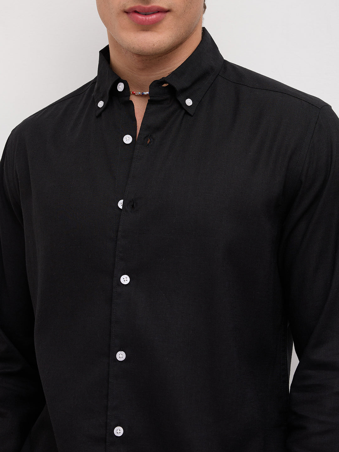 Luxe Black Button-Down Collar Linen Blend Shirt