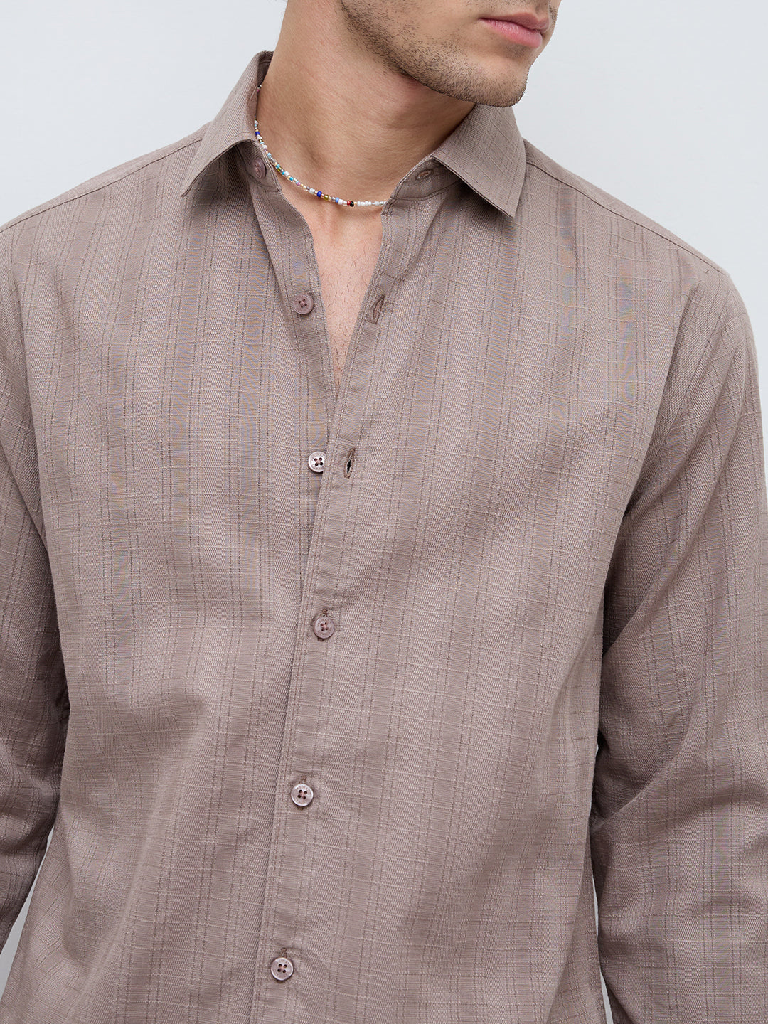 Muted Taupe Elevated Grid Detail Textured Shirt