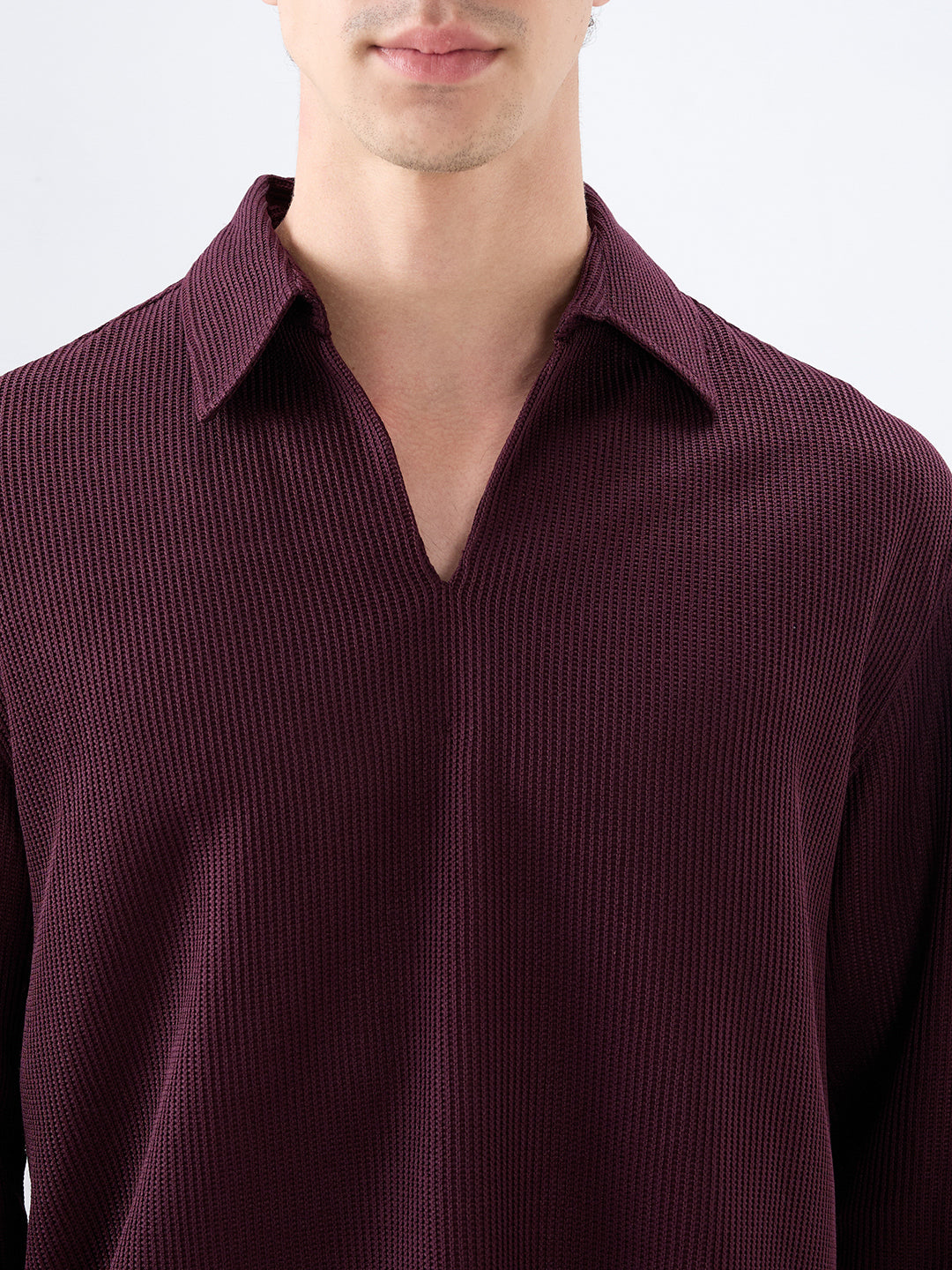 Refined Wine Textured Knitted Oversized Polo Shirt