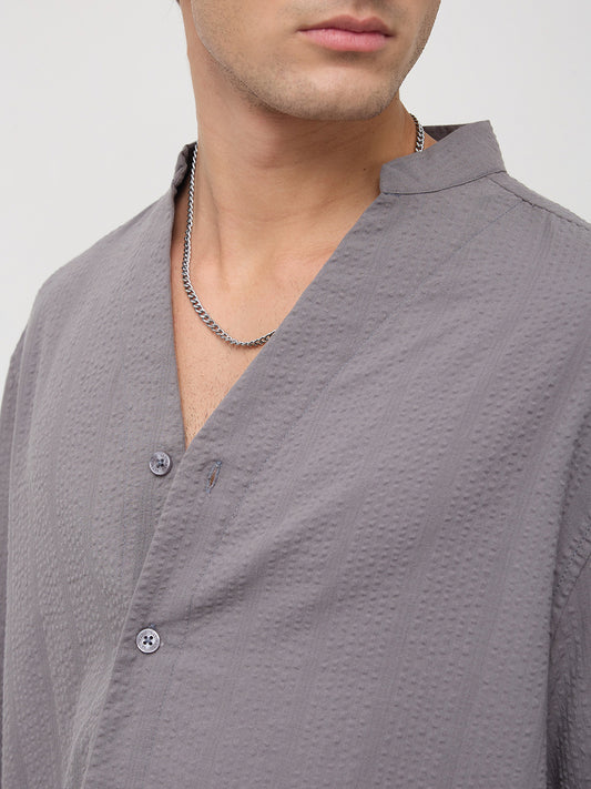 Grey Seersucker Striped Stand Collar Oversized Shirt