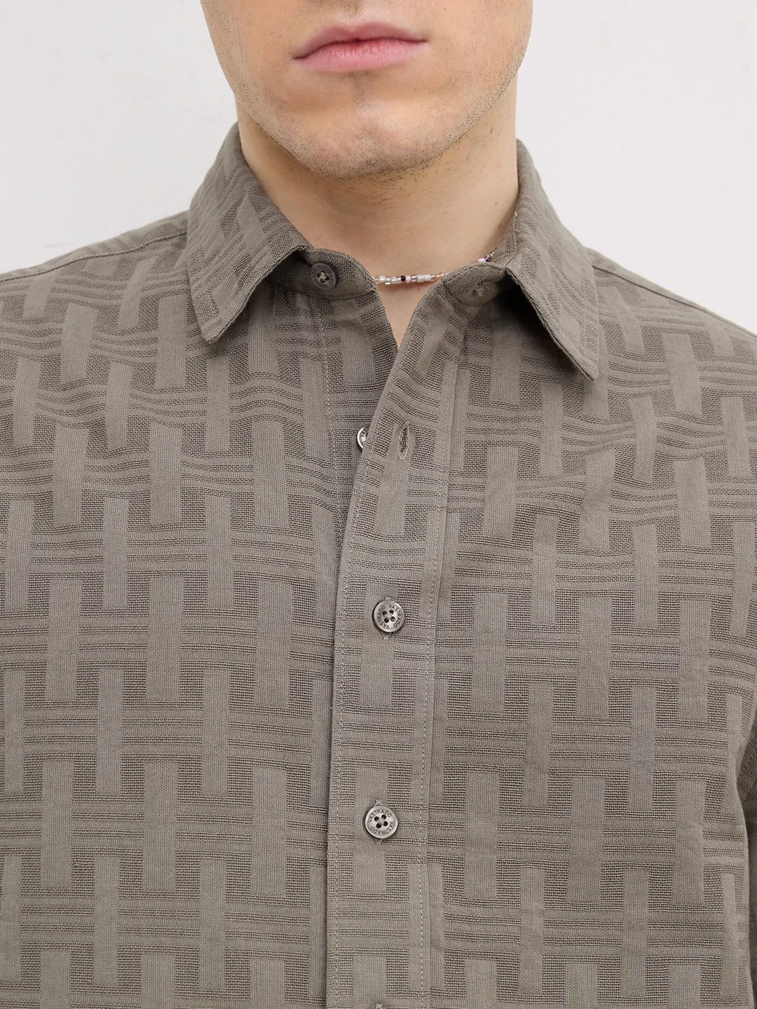 Contemporary Ash Grey Architectural Weave Textured Boxy Fit Crop Shirt