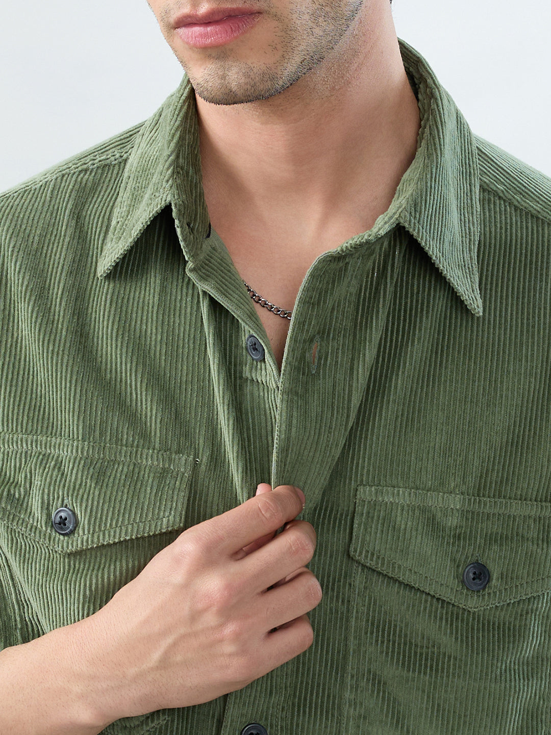 Green Mossline Structured Corduroy Double Pocket Overshirt