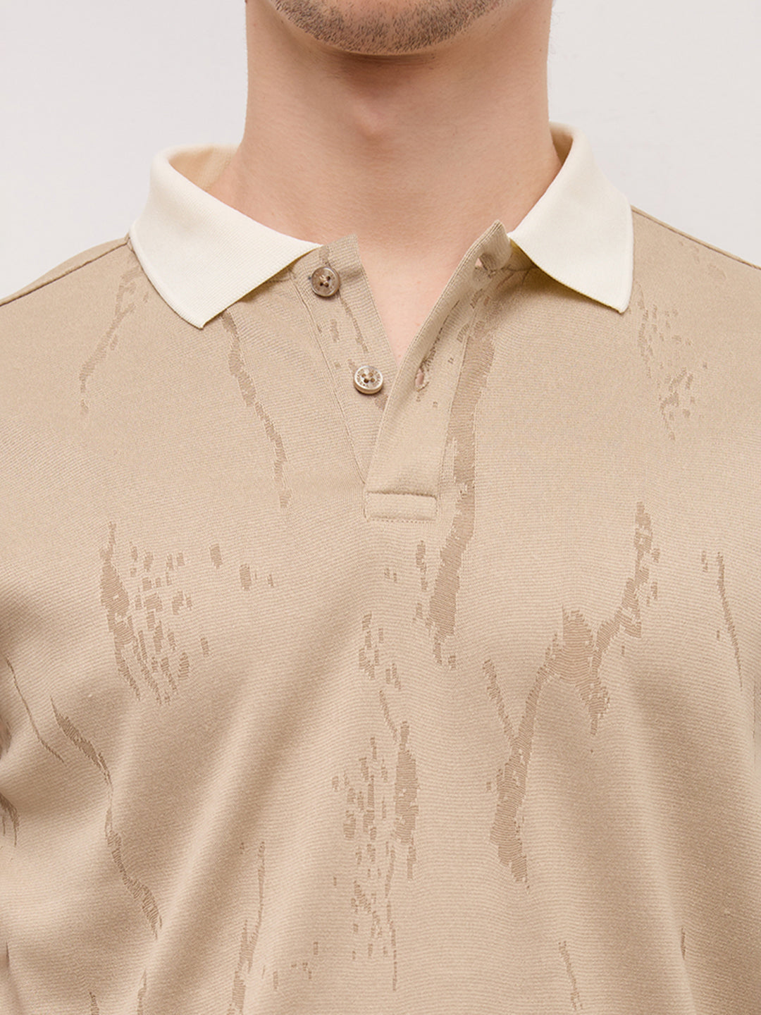 Intricate Beige Textured Contrast Polo Knit T-Shirt
