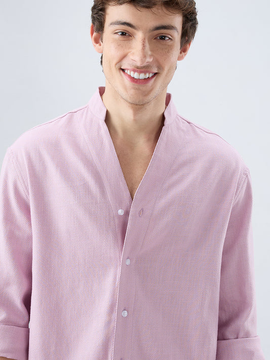 Powder Blush Pink Minimal Twill Textured Stand Collar Oversized Shirt