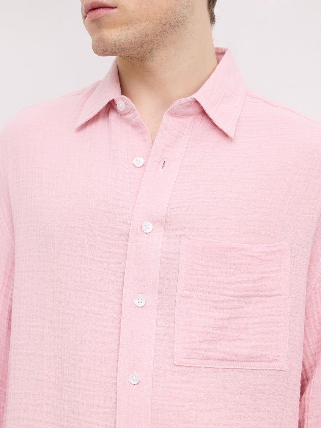 Charming Pastel Pink Double Cloth Boxy Fit Crop Shirt