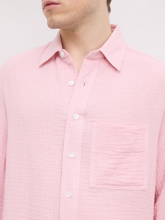 Charming Pastel Pink Double Cloth Boxy Fit Crop Shirt