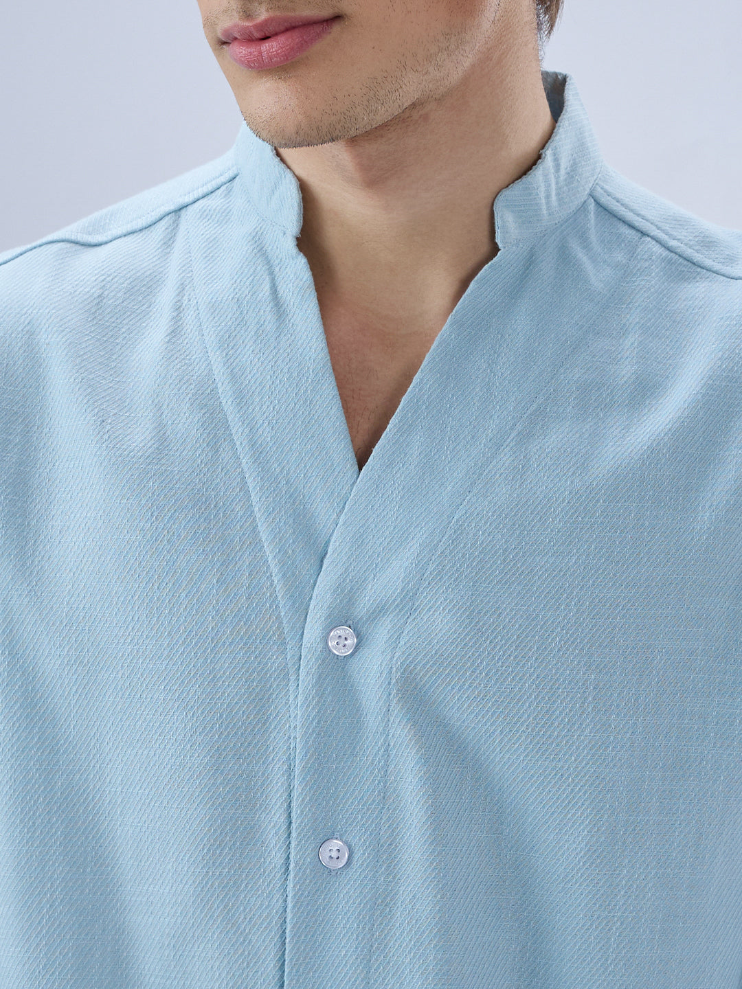 Soft Baby Blue Diagonal Textured Stand Collar Oversized Shirt