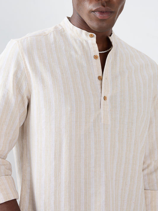 Natural Beige Fiber Grain Striped Weave Linen Blend Kurta