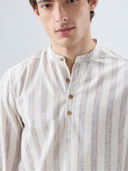 Ivory Multi Line Vertical Striped Kurta