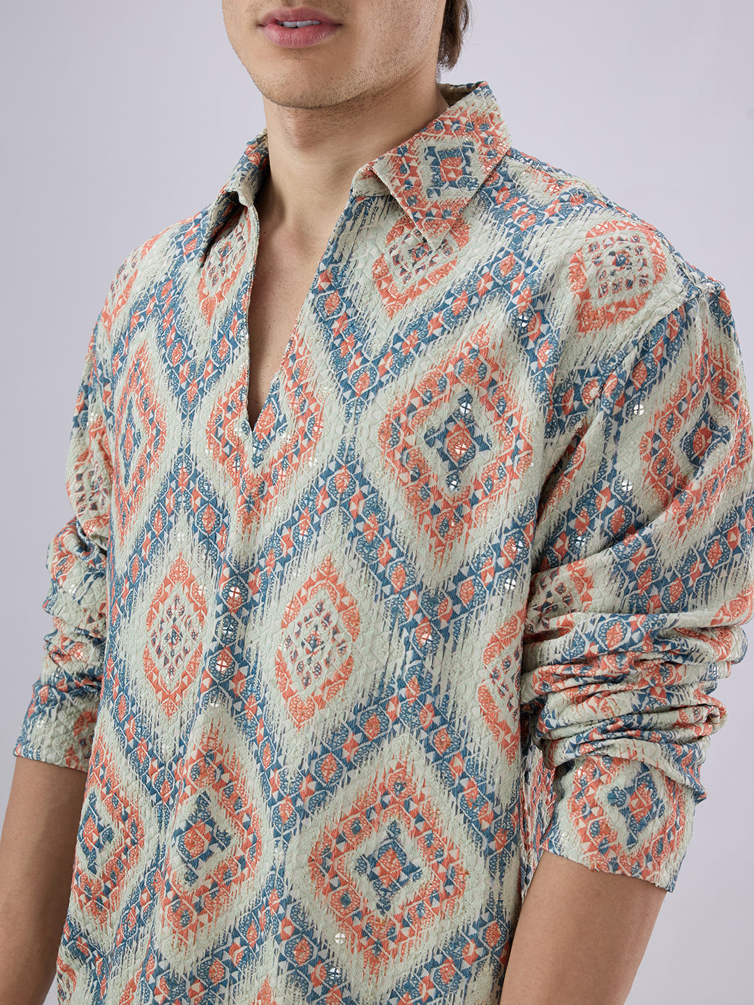 Jashn Aura Blue Sequin Embroidered Polo Neck Oversized Shirt