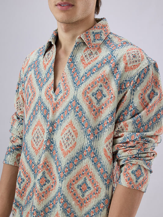 Jashn Aura Blue Sequin Embroidered Polo Neck Oversized Shirt