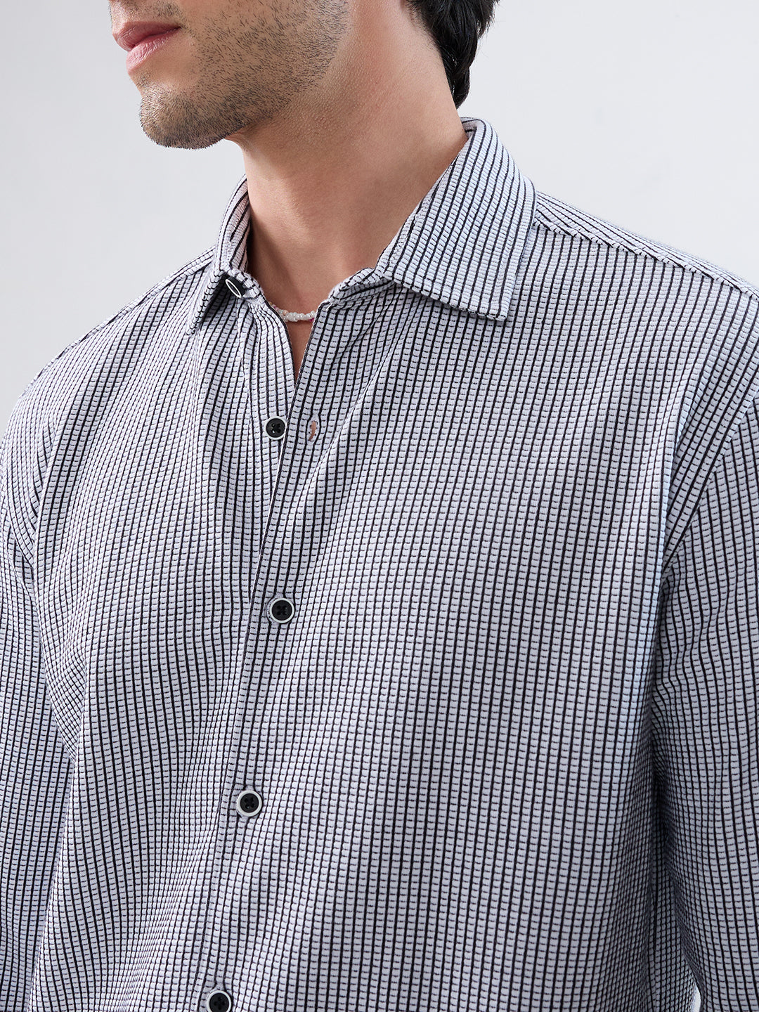 White Grid Textured Knitted Shirt