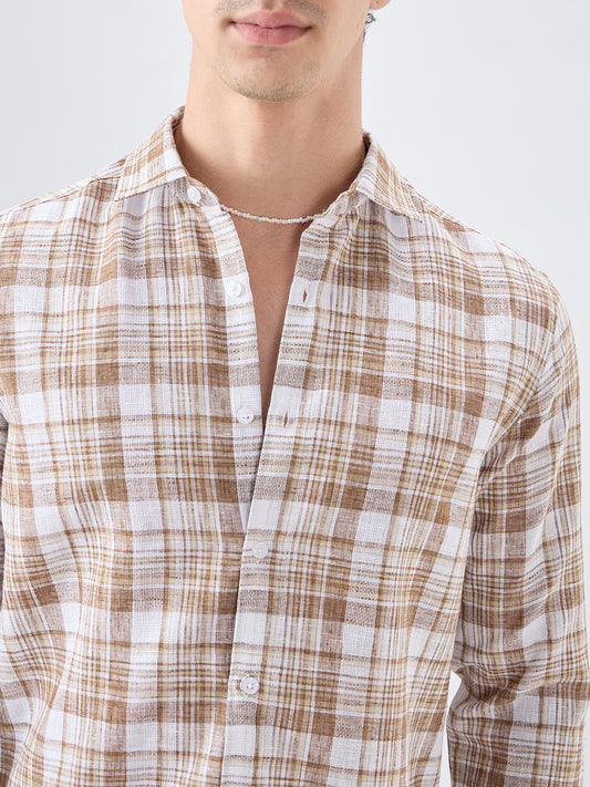 Walnut Brown Plaid Checks Textured Shirt