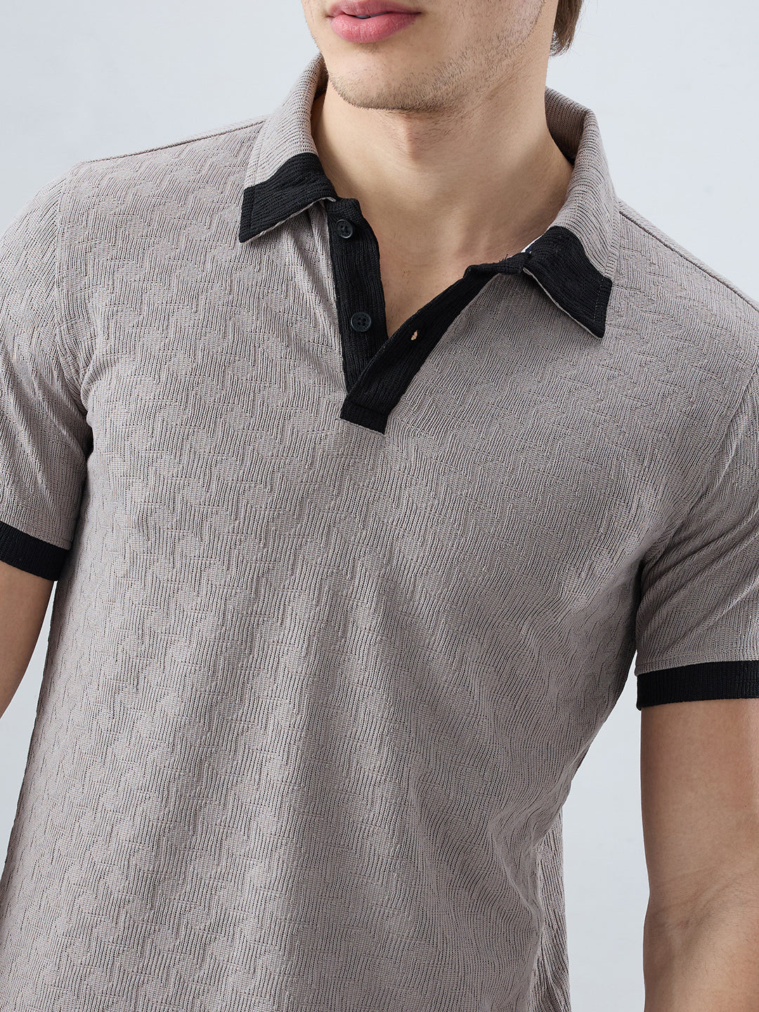 Shadow Grey Textured Contrast Polo Neck Knit T-shirt