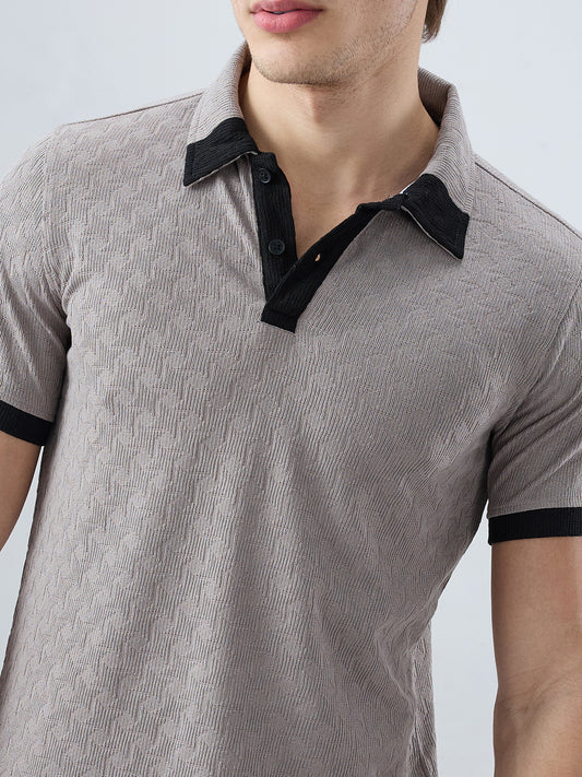 Shadow Grey Textured Contrast Polo Neck Knit T-shirt