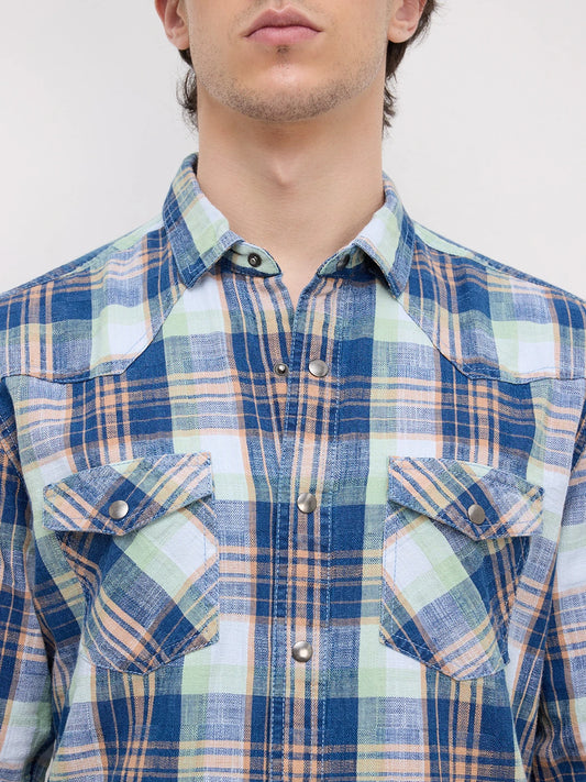 Luxe Denim Contrast Plaid Checks Twin Pocket Shirt